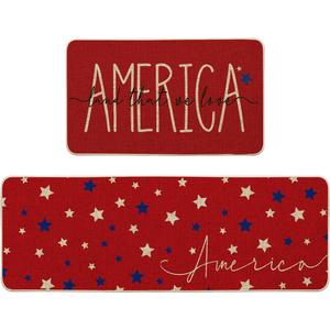 Artoid Mode Red America Stars Patriotic 4th of July Kitchen Mats Set of 2, Memorial Day Home Decor Kitchen Rugs for Floor - 17x29 and 17x47 Inch