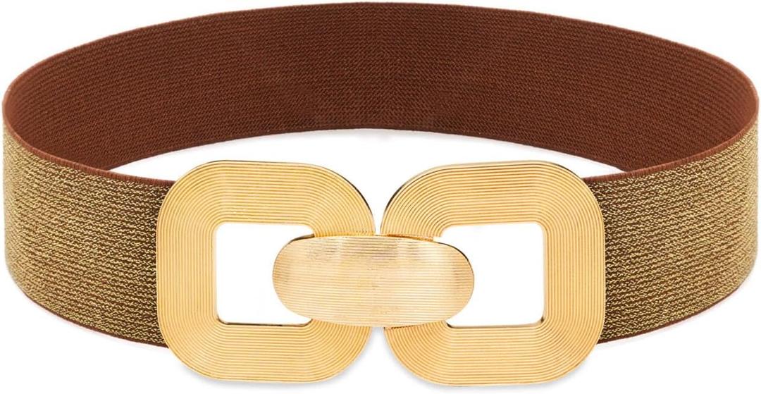 Wide Elastic Belts for Women Stretchy Cinch Waist Belt for Dresses (Fit Waist 30"-33", Bling Brown Band Gold Buckle)