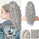 Ponytail Extension, 18 Inch Claw Multi Layered Clip on Ponytail Extension for Women Long Curly Hair Extensions Synthetic Clip in Ponytail Hairpiece for Daily HP002 - Grey/Brown/Silver/White Mixed