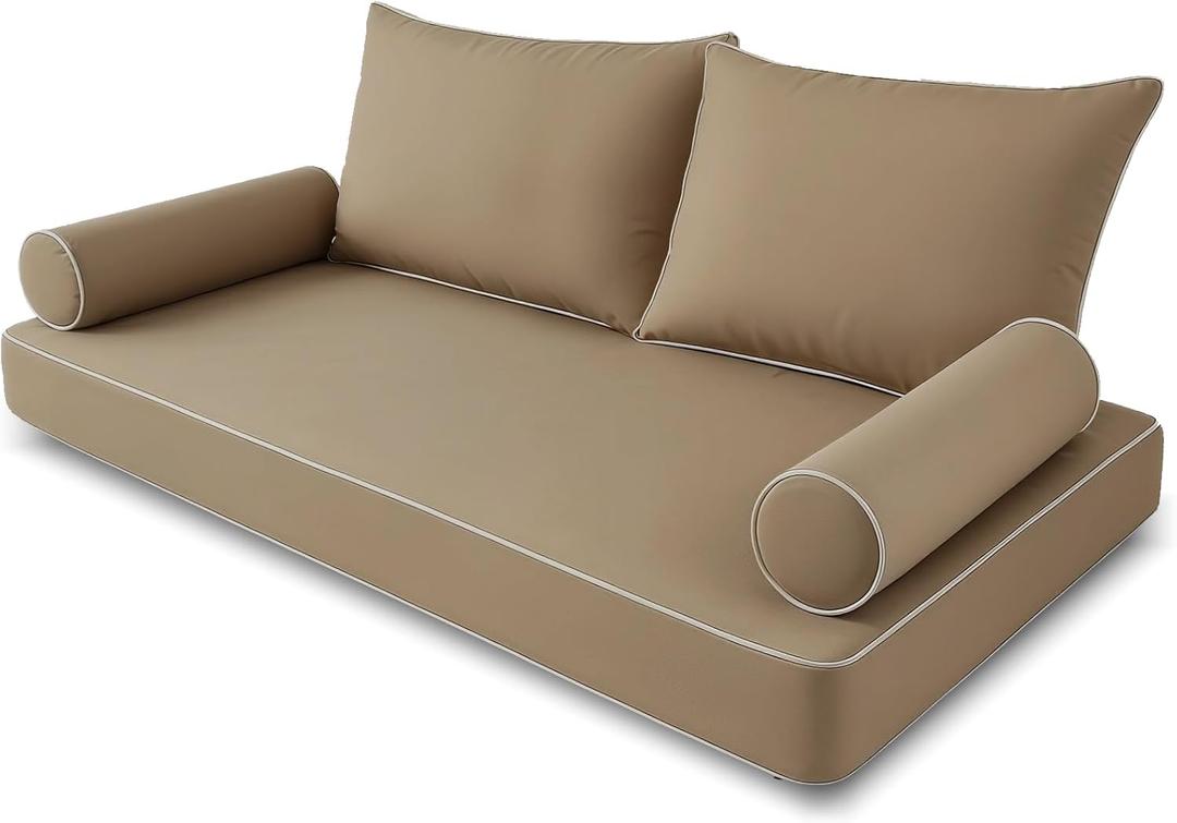 Outdoor Style Daybed Cushion Cover Set, Water-Resistant Twin Triple with Piped Edges Swing Mattress Bolster Pillow Fitted Sheet Cover, 
Light Brown