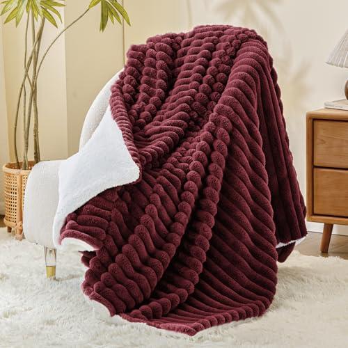 INFIIXSO Sherpa Throw Blanket for Couch - Super Soft & Warm Striped Fleece Blanket, Cozy Plush Fluffy Blanket All Season Use (Burgundy, 60x80 Inches)