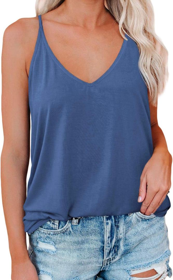 LOLONG V Neck Tank Tops for Women Summer Sexy Spaghetti Strap Sleeveless Shirts (Blue) XL