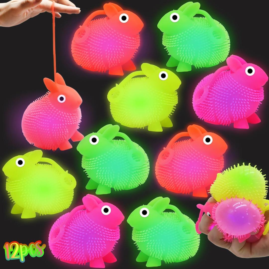 12Pack Bunny Puffer Balls, Glow in Dark Stress Relief Fidget Toys Balls for Kids Adults Toddlers, Easter Basket Stuffers Easter Egg Hunt (Stretchy Puffer Balls & Squeeze Toys)