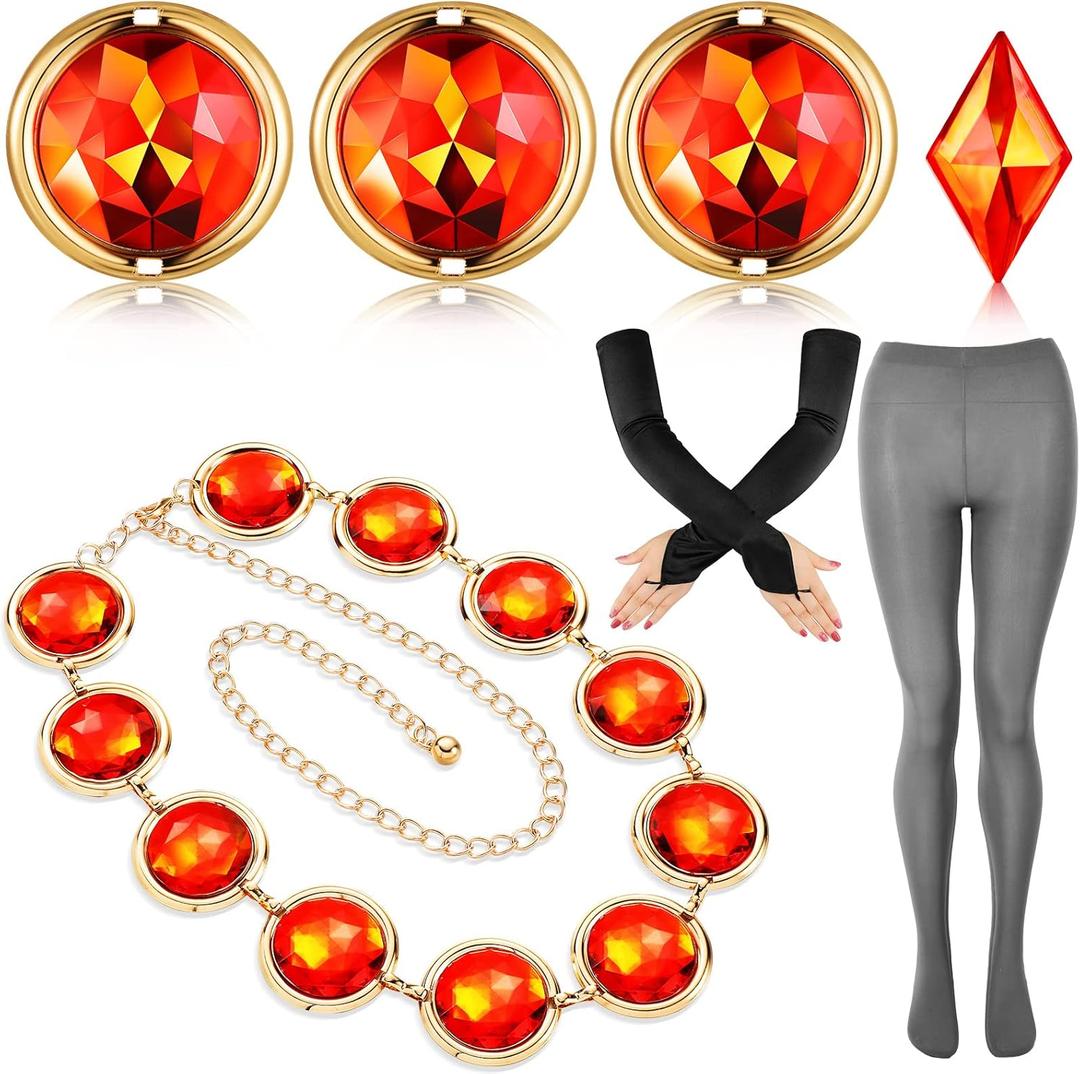 BBTO 7 Pcs Halloween Cosplay Accessories Waist Belt Opera Satin Gloves High Waisted Leggings with Red Gem Diamond Rhinestones (Black, Light Gray)