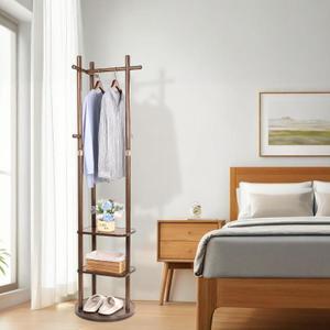 Wood Coat Rack Freestanding Rotary Coat tree with 3 Shelves and 5 Hooks