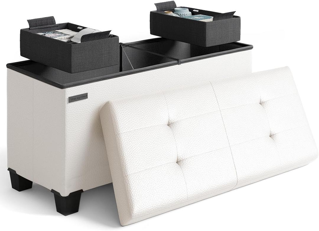 Storage Ottoman Bench with Bins, 30-in Storage Bench for Bedroom End of Bed, Folding Foot Rest Ottoman for Living Room Max 660lbs, Faux Leather Ottomans, Cream, 15"D x 30"W x 15"H