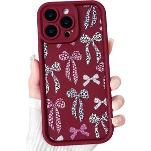 NITITOP for iPhone 15 Pro Max Case Cute Leopard Ribbon Bow Star - Wine Red | Trendy, Aesthetic, Vintage, Precision camera cutouts, For girl woman, Soft TPU, Silicone, Shockproof