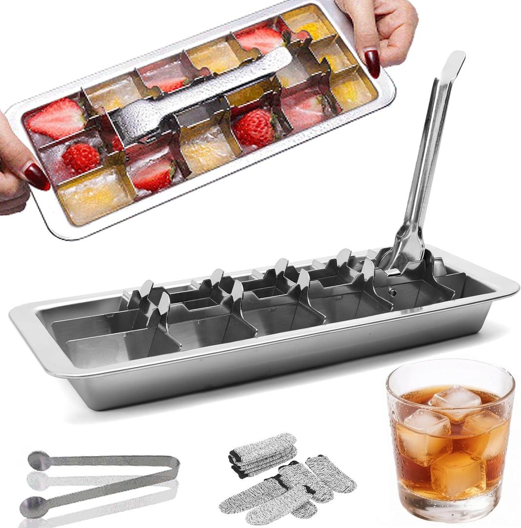 Stainless Steel Ice Cube Trays, Metal Ice Cube Trays for Freezer Vintage Inspired Design with Release Lever Remove Handle for Making Large Cubes Kitchen & Bar (1pcs+Tweezers & Finger Gloves)