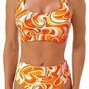 High Waisted Two Piece Swimsuits for Women Tummy Control Tankini Bathing Suits Sporty Printed Swimwear (Small, Black+white)