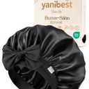 Yanibest Adjustable Satin Bonnet for Sleeping, Double Layer Silk Hair Bonnet with Tie Band for Unisex Women Men Curly Natural (Black)