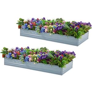 Meberam 2 Pack 6x3x1FT Galvanized Raised Garden Bed Kit, Outdoor Metal Planter Box for Vegetables, Bottomless Rectangular Gardening Bed with Support Rods, Tool-Free Assembly, Gray