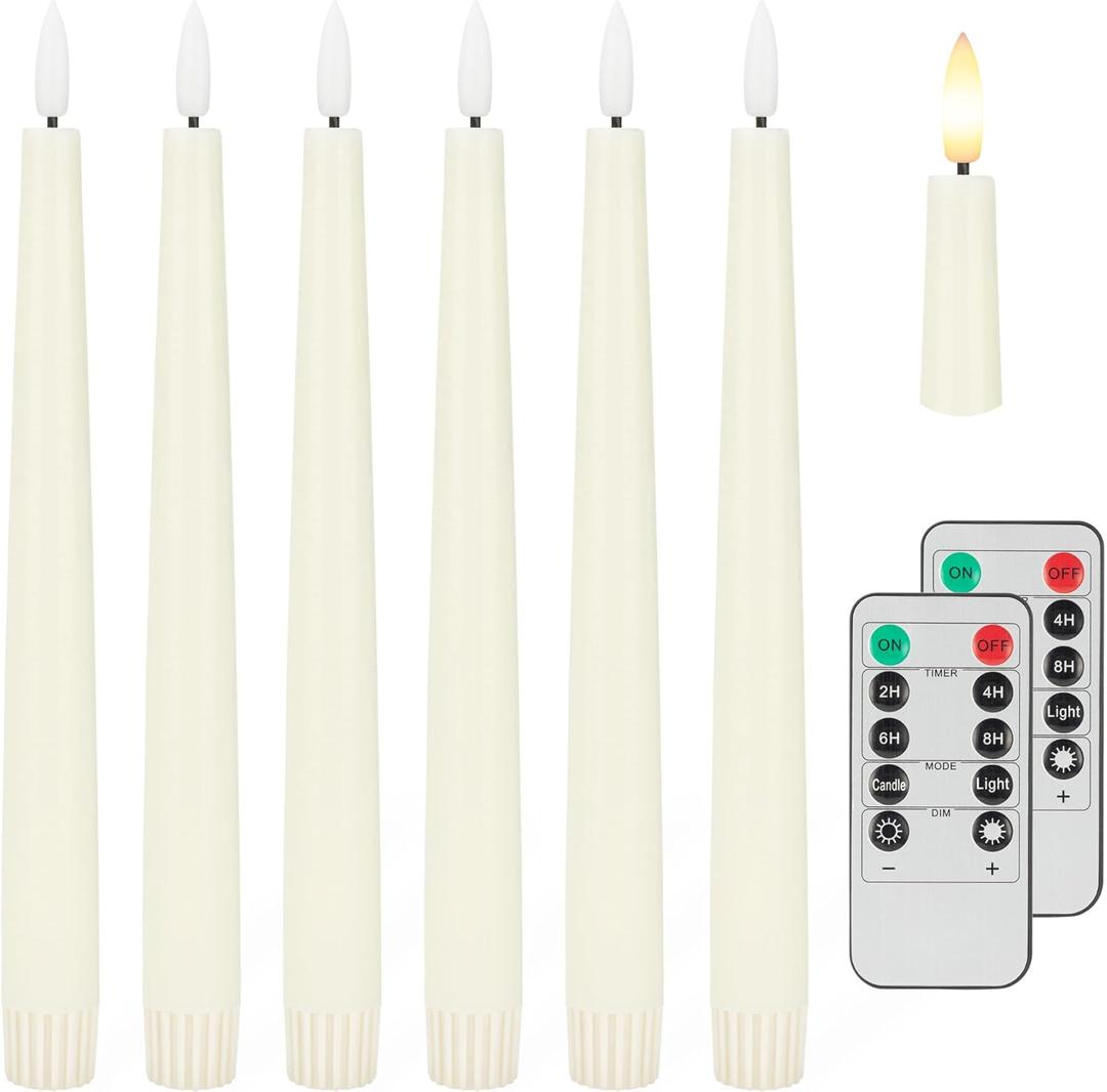 Flameless Taper Candles with 3D Wick, 9.6" Real Wax LED Candles with 2 Remote and Timer, 6 Pack Flickering Candlesticks Battery Operated, Classic Tall Taper Candle for Home, Wedding, Party, Ivory