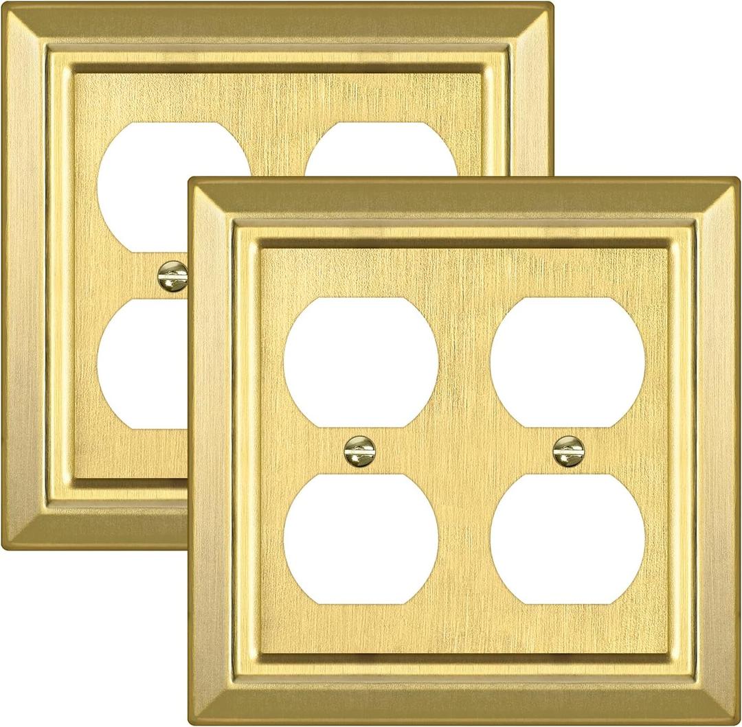 Metal Wall Plate for Electrical Outlets, Decorative Brass Gold Switch Plates Outlet Cover, Light Switch Cover Plate, 2-Gang Wall Plates (Double Duplex Outlet, 2 Pack)