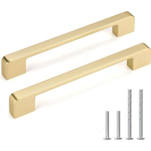 10 Pack 6-5/16 Inch Brushed Gold Cabinet Pulls Solid Zinc Alloy Gold Cabinet Handles - Brushed Brass Dresser Drawer Pulls for Kitchen Cabinet Hardware Zinc Alloy Handles