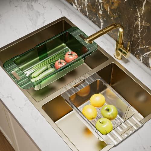 Over The Sink Colander Strainer Basket, Collapsible Strainers And Colanders To Vegetable Washing Basket, Collapsible Colander pasta drainer For Kitchen Sink Food (CLEAR WHITE)