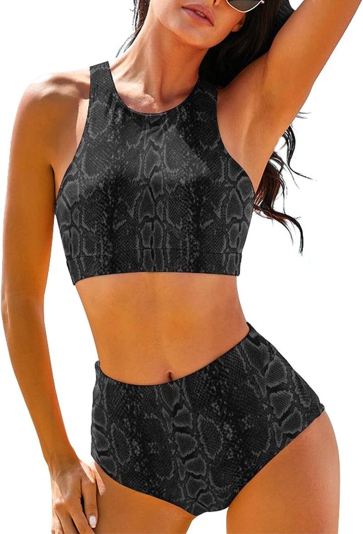 Cerburny High Waisted Bikini Sets for Women 2 Piece Swimsuit Women High Neck Bikinis Racerback Bathing Suits (X-Small, 3-black Snakeskin)