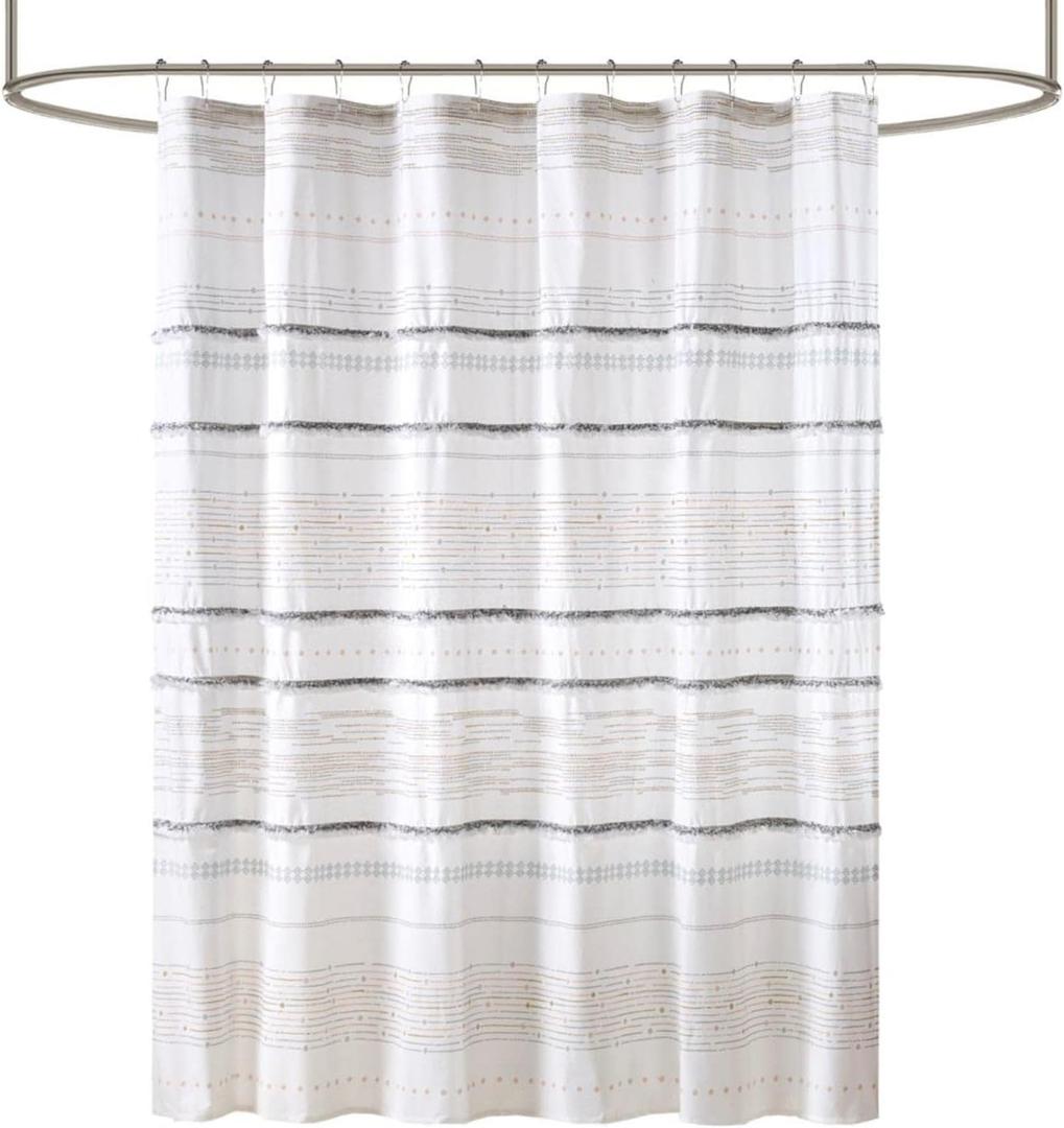 INK+IVY NEA 100% Cotton Shower Curtain Boho Tassels, Multi-Color Stripe Print Machine Washable, Modern Home Bathroom Dcor Bathtub Privacy Screen, 72" x 72", Off White/Gray