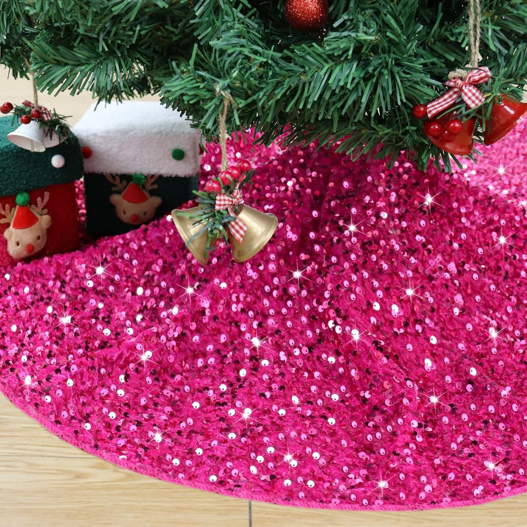 Hot Pink Christmas Tree Skirt Sequin 60 Inch Tree Skirt Large Velvet Christmas Tree Skirt Sparkle Fuchsia Xmas Tree Skirts Metallic Christmas Tree Base Cover Skirt for Fall Party Santa Decor