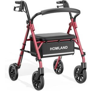 Rollator Walkers for Seniors with Seat, Folding Lightweight Rolling Walker with 12-Inch Wide Seat, Adjustable Handles, Removable Backrest, 300 lbs Capacity (Red)