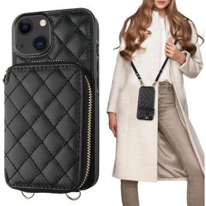 Bocasal Crossbody Wallet Case for iPhone 13, RFID Blocking PU Leather Zipper Handbag Purse Flip Cover, Kickstand Folio Case with Card Slots Holder Wrist Strap Lanyard 5G 6.1 Inch (Black)