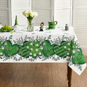 Horaldaily St. Patrick's Day Tablecloth 60104 Inch Rectangular, Shamrock Love Heart Eucalyptus Washable Seasonal Table Cover for Party Picnic Dinner Decor (White)