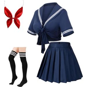 Japanese Anime Schoolgirl Classic Sailor JK Harajuku Crop Top Tie up Pleated Skirt Uniform Seifuku Socks Bow Set (Medium, Navy)
