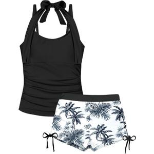 Girls Swimsuit 2 Piece Halterneck Girls Tankini Swimsuit Drawstring Printed Swim Shorts Girl Bathing Suit for 7-16T (17-18 Years, Black)