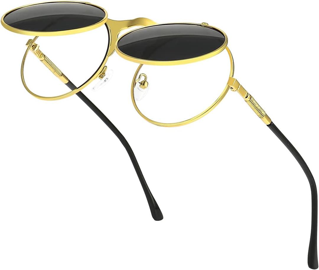 GYsnail Make the world clear Round Flip Up Sunglasses for Men, Flip-up Shades with Double Lenses, Small Hippie Eyewear