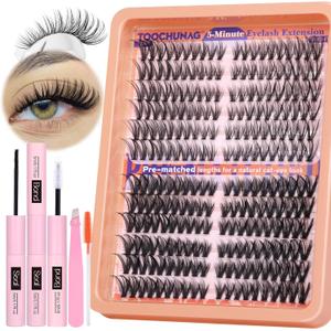 TOOCHUNAG Cat Eye Lash Clusters Kit Wispy DIY Lash Extension Kit Natural Eyelash Extension Kit 7-16mm Individual Cluster Lashes Extensions with Lash Bond and Seal, Tweezers, Brushes (30D + 40D)