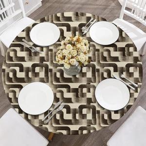 WALL-KNACK Boho Cream Black Geometric Mosaic Abstract Modern Line Round Fitted Tablecloth with Elastic Edge Outdoor Tablecloth Waterproof Table Cover for Picnic Dinner Party Decor Fits 45"-56"