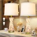 Natural Alabaster Table Lamp,Living Room Lamps Set of 2,Nightstand Lamp with Night Light,Lamps for Living Room With Linen Fabric Shade,Bedside Lamp with Usb A+C Ports for Bedroom,Hotel(Bulb Included)
