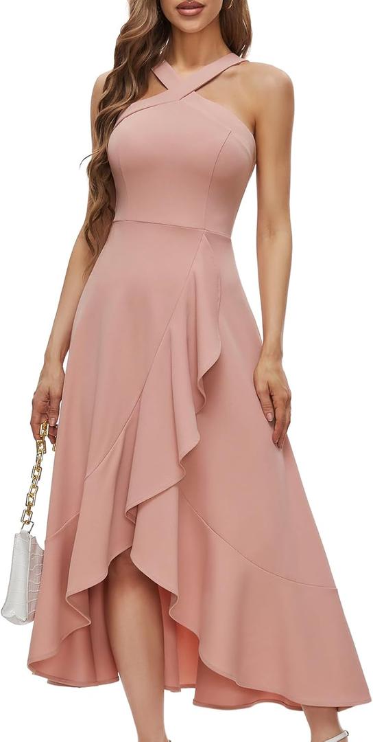 Bbonlinedress Halter Cocktail Women Dresses Prom Formal Wedding Guest Bridesmaid Ruffled Maxi Hi-Lo Evening Party 2026 Dress, S