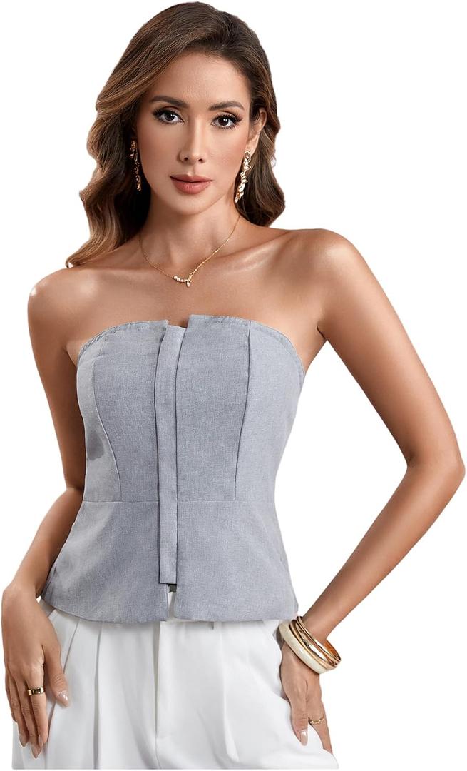 SOLY HUX Women's Summer Zip Up Tube Top Strapless Fitted Work Office Tops, S