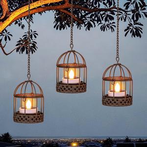 Solar-Hanging-Lanterns-Outdoor-Waterproof, Rust Birdcage Style Candle Holders with Flickering Solar Tea Lights for Backyard Patio Garden Fence Tree Decoration (3 Pack)