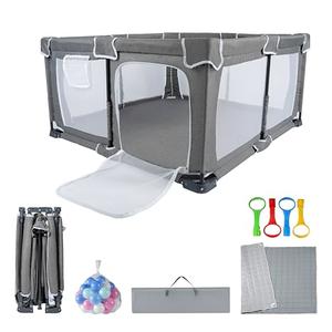Nvlirun Foldable Baby Playpen 6x5Ft，Playpen for Babies and Toddlers with Mat，Foldable playpen with Door，Indoor and Outdoor Baby Fence Play Area (Grey (Cationic Fabric), Foldable 6x5Ft with Mat)