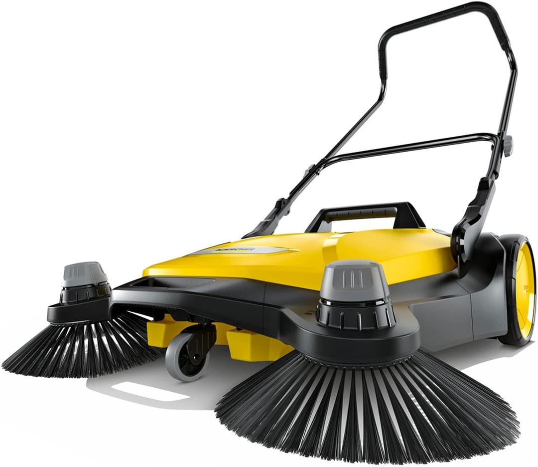 Krcher Walk-Behind Outdoor Push Sweeper S 6 Twin for Workshops, Warehouses or Garages - 6X Faster Than a Push Broom, 10 Gallon Capacity, 33.9" Sweeping Width (Yellow)