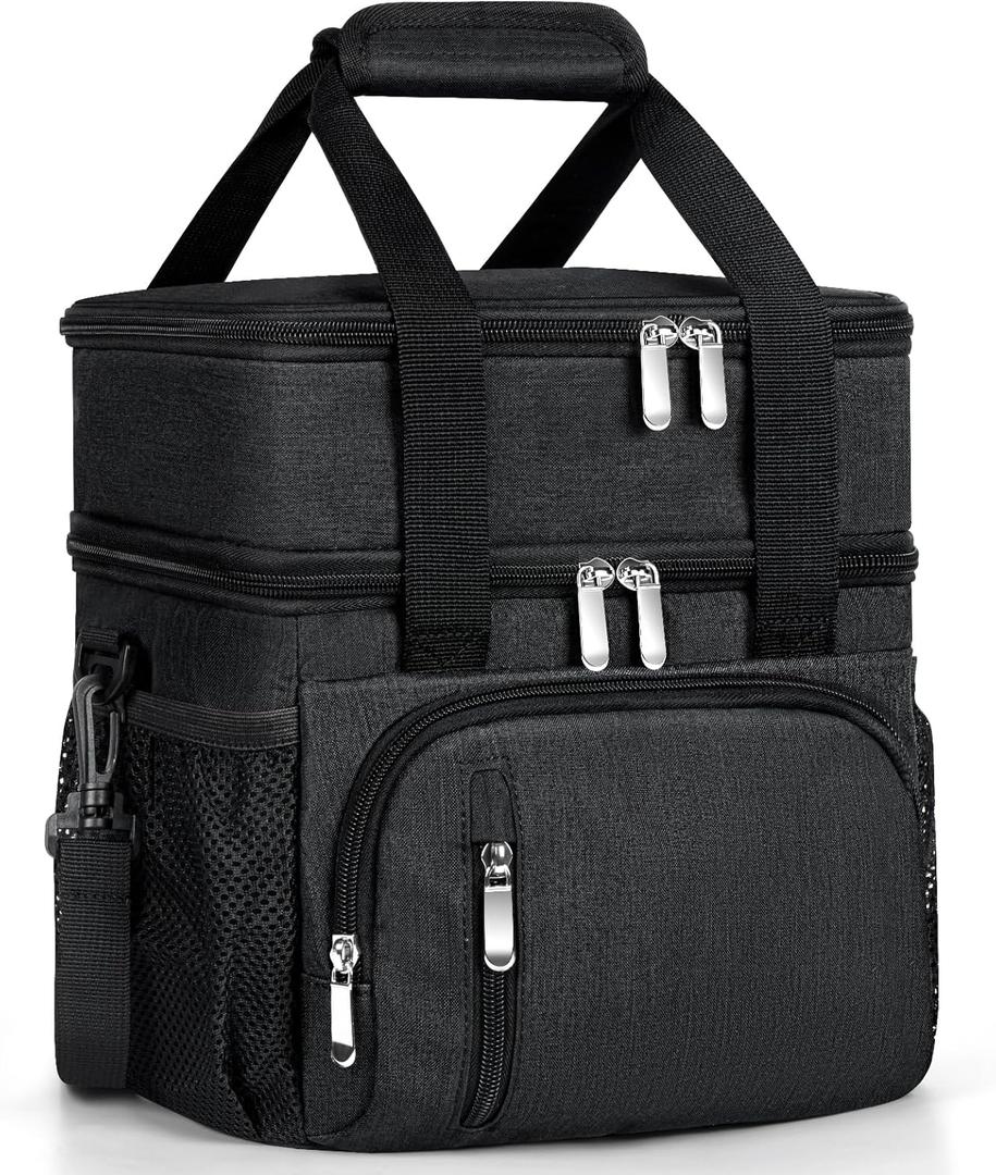 Insulated Lunch Bag for Men & Women, Double Leakproof Lunch Box Soft Cooler Tote with 5 Pockets, 600D Oxford, EVA Lining, Adjustable Strap for Work, Picnic, Beach&Travel-Black