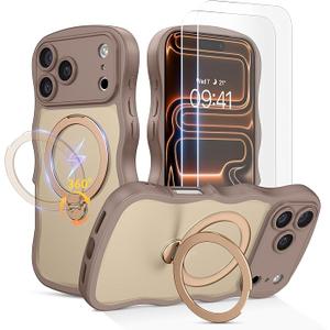 for iPhone 17 Pro Max Case for Women,[Compatible with Magsafe][360° Spin Magnetic Stand][Cute Wave Edge][with 2x Screen Protector]Translucent Matte Phone Case for iPhone 17 Pro Max,Desert Titanium