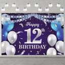 Happy 12th Birthday Banner Backdrop Navy Blue Balloons Confetti Stripe Flag Light Spots Cheers to 12 Years Old Theme Decorations Decor for Girls Boys 12th Birthday Party Bday Supplies Glitter Silver