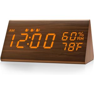 JALL Digital Alarm Clock, with Wooden Electronic LED Time Display, 3 Alarm Settings, Humidity & Temperature Detect, Wood Made Electric Clocks for Bedroom, Bedside (Brown)