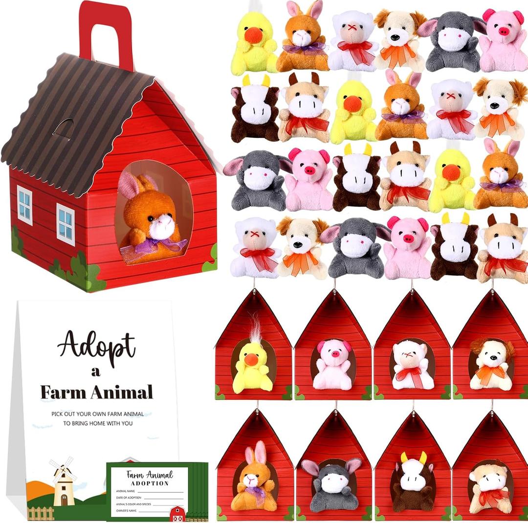 Blueweenly 73 Pcs Adopt a Farm Animal Set Party Favors Mini Plush Farm Toys Foldable Red Carton Barn Adoption Cards 1 Sign Animal Bulk with Favor Bags for Adopt a Pet Party Favors Birthday Supply