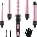 5 in 1 Curling Wand Set: Ohuhu Curling Iron Wand 5Pcs 0.35 to 1.25 Inch Interchangeable Ceramic Barrel Heat Protective Glove 2 Clips Dual Voltage Hair Curler for Women Pink