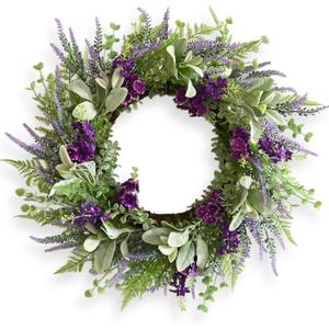 Purple Wildflower Spring Wreath for Front Door, 24 Inch Artificial Door Wreath with Green Leaves, All-Season Farmhouse Wreath for Easter Home Indoor Outdoor Porch Wall Decoration Housewarming Gift