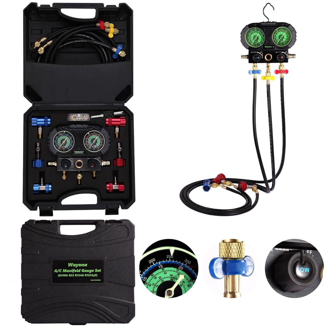 Wayona R1234yf R134a AC Manifold Gauge Set with Glow Dial, 3 Way HVAC Gauge Kit with Memory Couplers and Can Taps, Automotive Freon Charging and Evacuation Tool