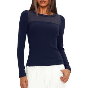 Darong Womens Mesh Sheer Long Sleeve Top Crew Neck Slim Fit Shirts Sexy Casual Going Out Blouses (Blue, XS)
