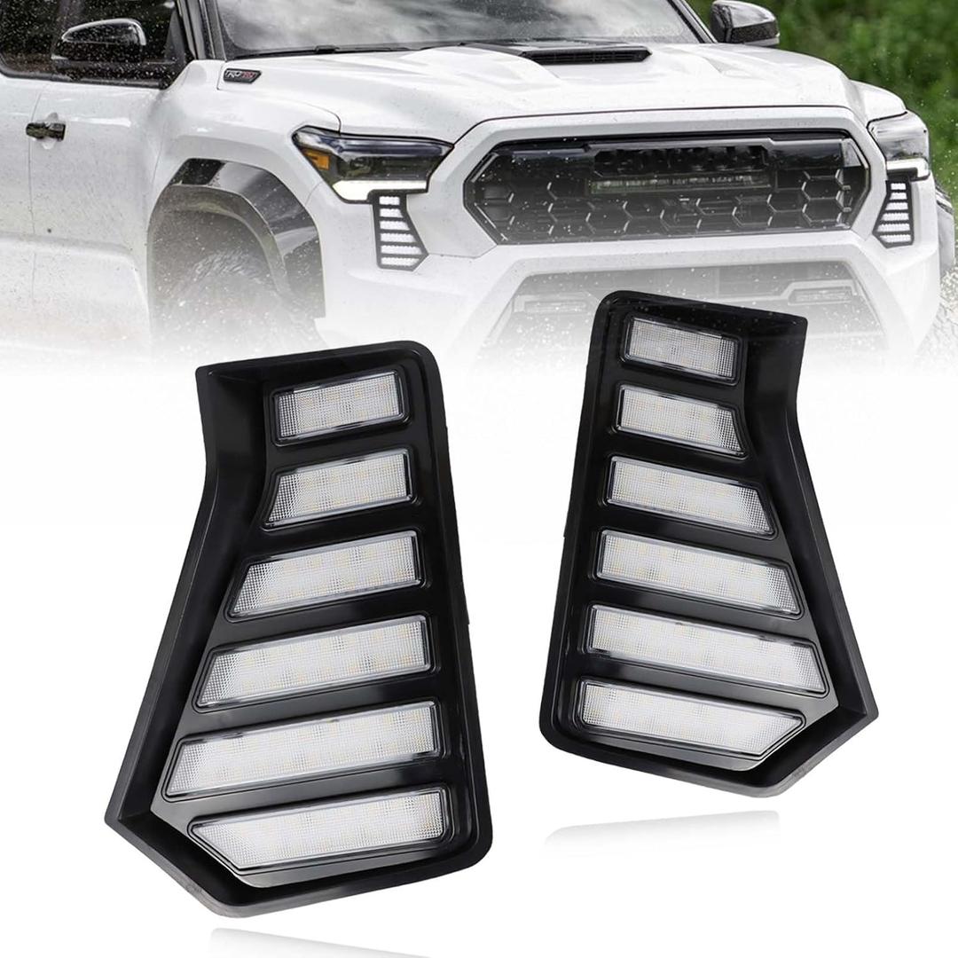 Switchback White/Amber LED Front Side Marker Headlight Daytime Running Lamp Amber Sequential Turn Signal Light Feature Compatible with Toyota Tacoma 2024 Replacement Front Bumper Trim