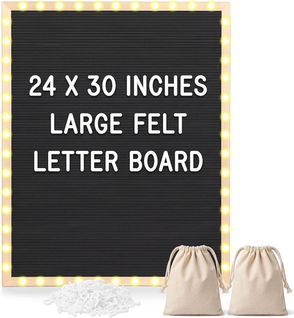 24 x 30 Inches Felt Letter Board & LED Light, Black, Natural Wood