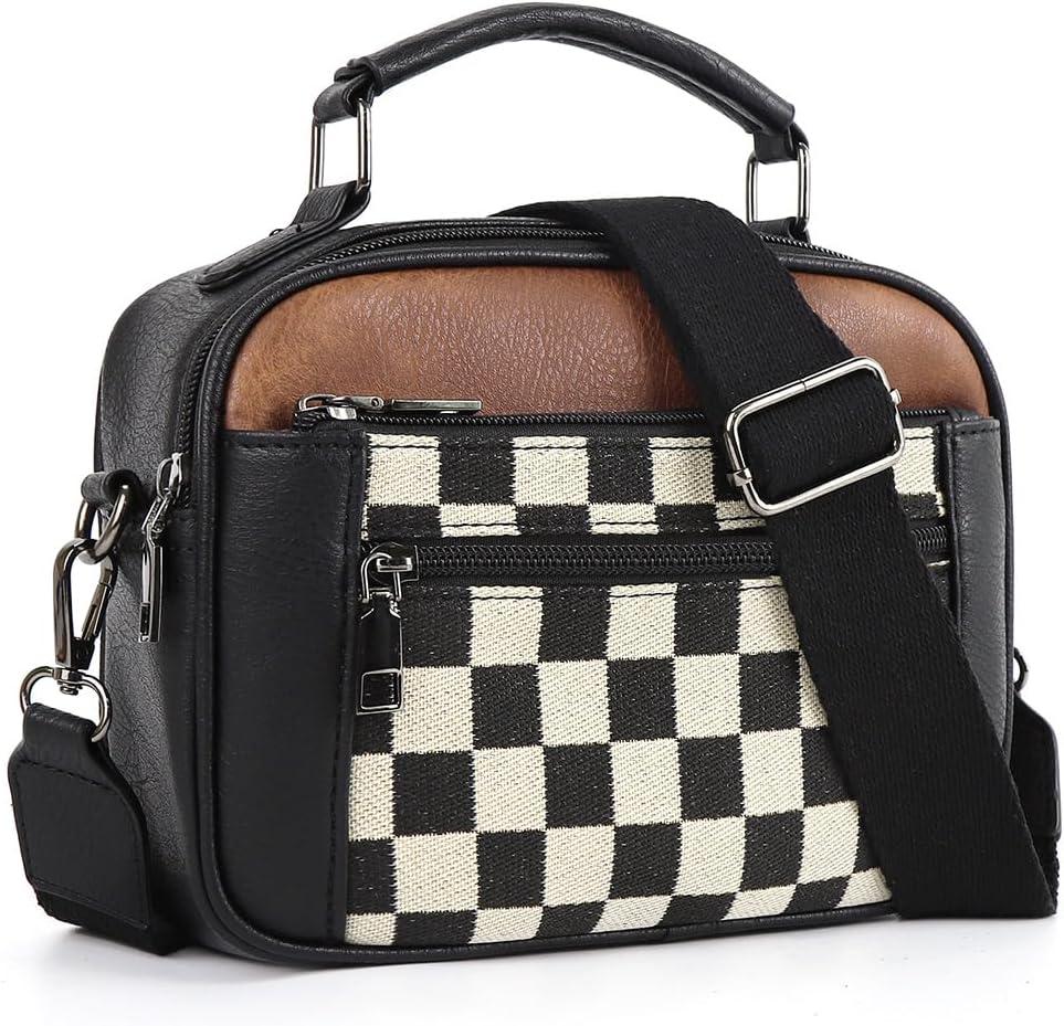 Checkered Crossbody Bags for Women Plaid Womens Cross Body Purses Checkerboard Leather Shoulder Bag Handbags (A02-black)