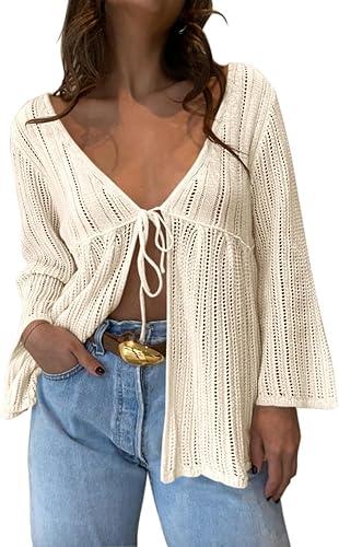 Saodimallsu Womens Summer Lightweight Tie Front Cardigans Crochet Knit Long Bell Sleeve Casual V Neck Beach Cover Ups (Medium, Apricot)