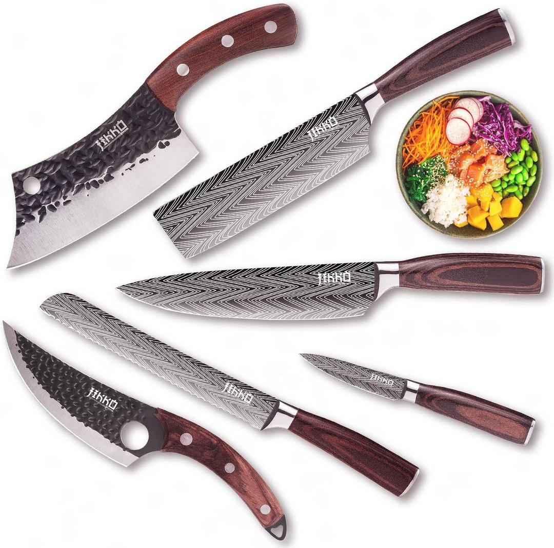 Jikko New Reinforced Carbon Steel Japanese Kitchen Knife Set  DiamondRazor Series  Ultra Sharp Japanese Knife Set & Chef Knife Set with Mahogany Wood Handles  Professional Chef's Knives (Dark Walnut Brown Handle)